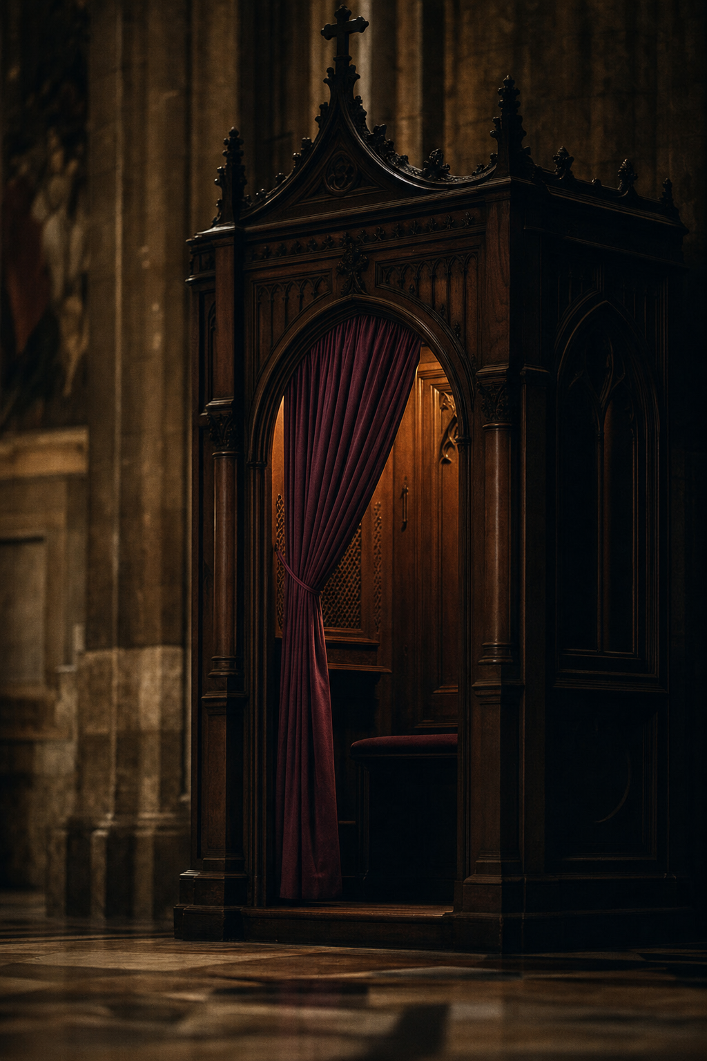 Ornate wooden Catholic confessional booth in a dimly lit cathedral, warm light glowing from within.