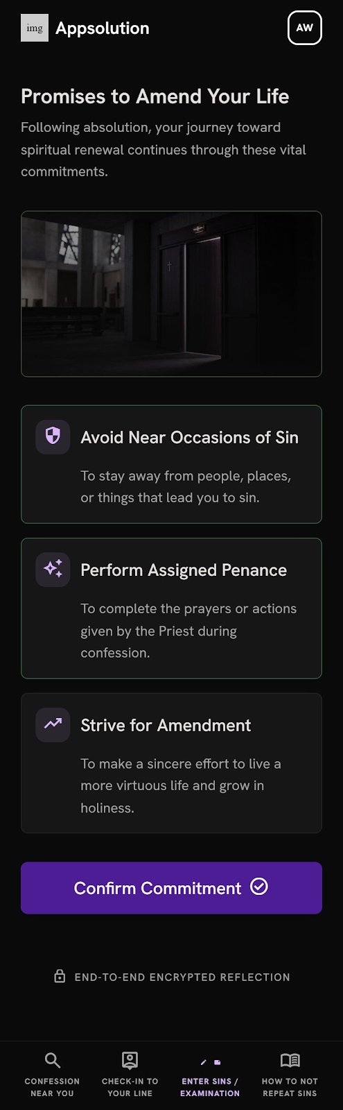 Appsolution 'Promises to Amend Your Life' screen with three commitments and a Confirm Commitment button.