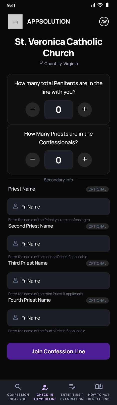 Appsolution 'Join Confession Line' check-in screen with penitent count, priest count, and priest name fields.