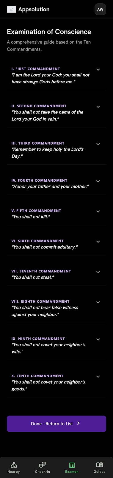 Appsolution 'Examination of Conscience' screen listing the Ten Commandments with expandable detail.