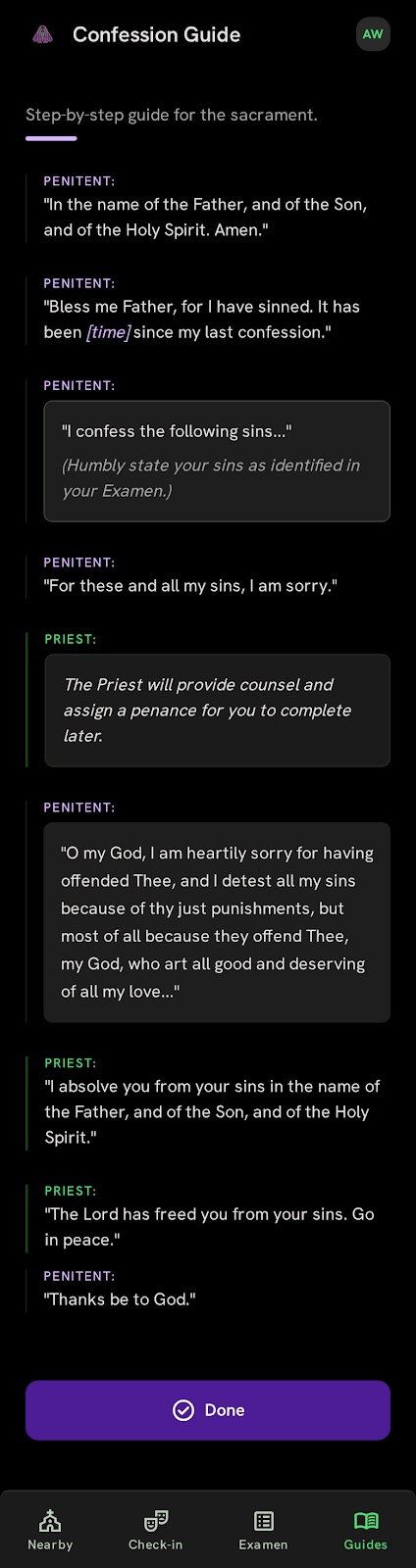 Appsolution 'Confession Guide' screen with the step-by-step Penitent and Priest dialogue.