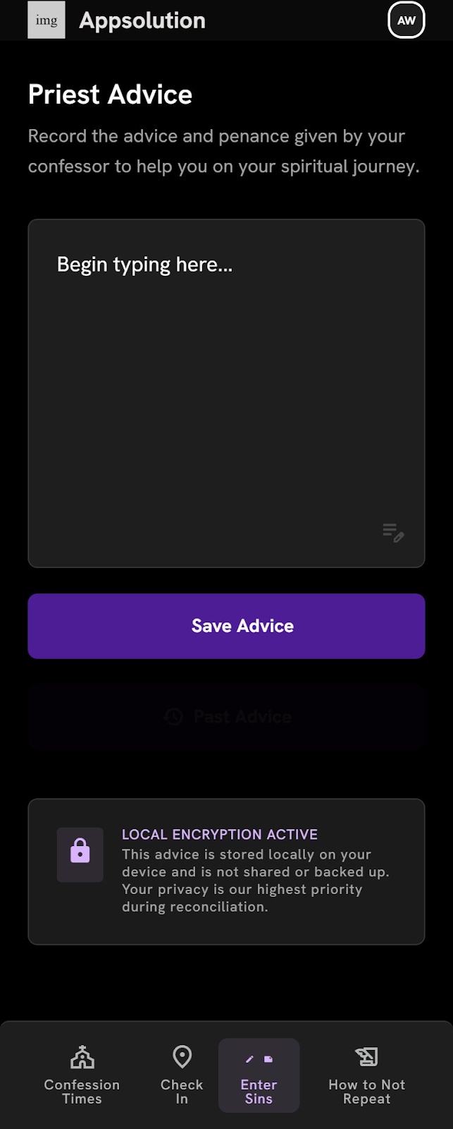 Appsolution 'Priest Advice' screen with a text field, Save Advice button and a local-encryption notice.
