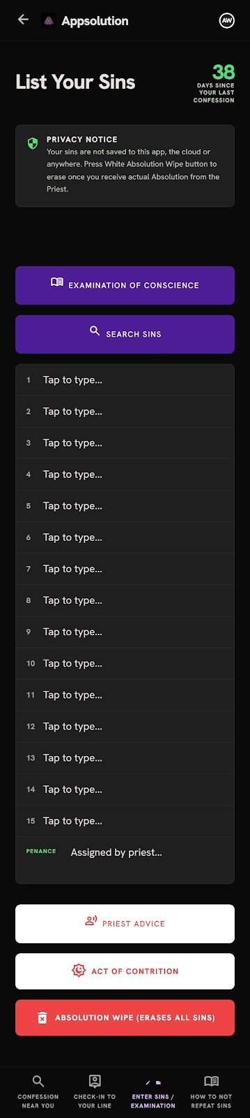 Appsolution 'List Your Sins' screen with days-since-Confession counter, encrypted sin fields and an Absolution Wipe button.